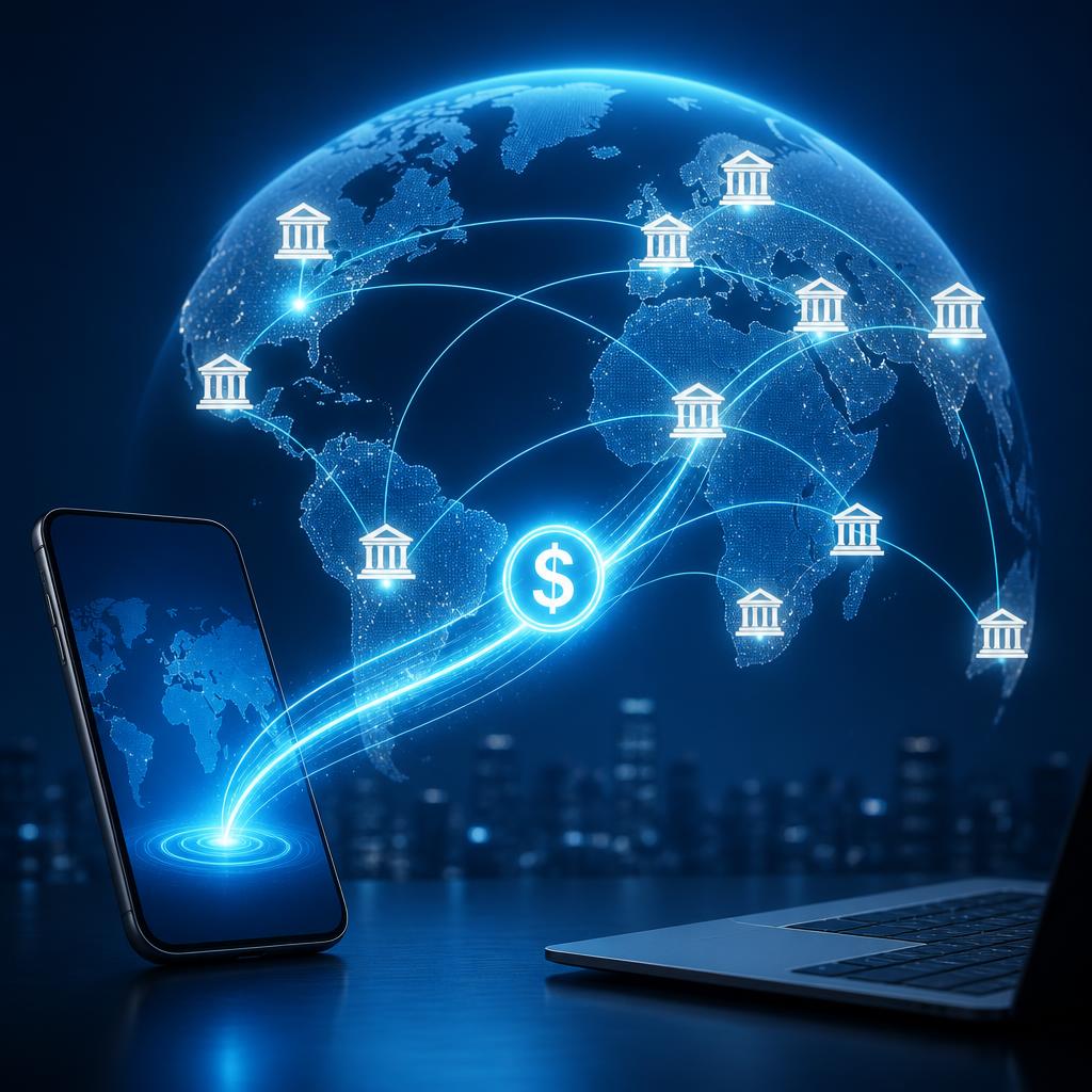 Smartphone sending money across a glowing digital globe connected to banks worldwide